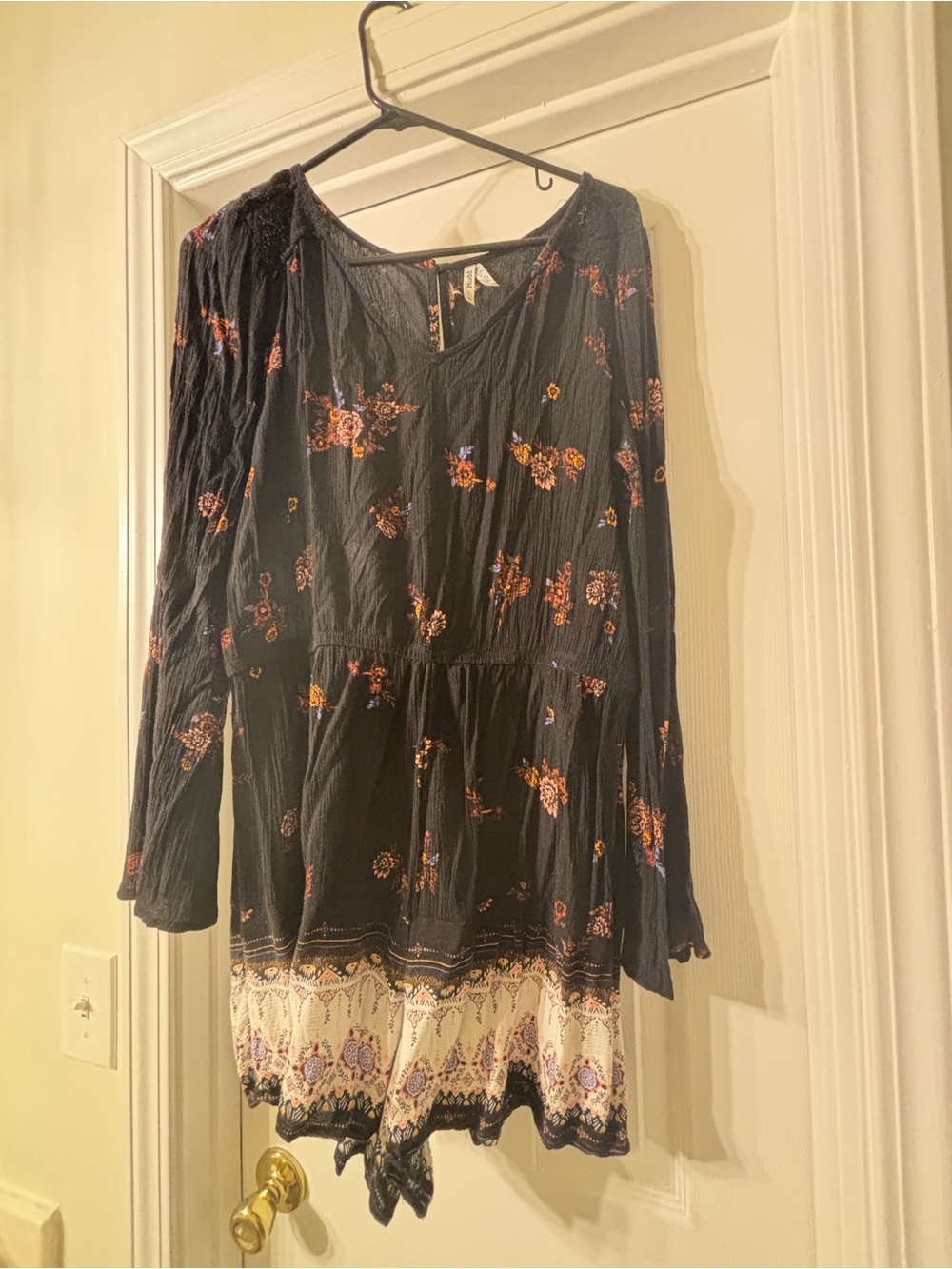 Mudd Black Long Sleeve Floral Romper with Cream Hem